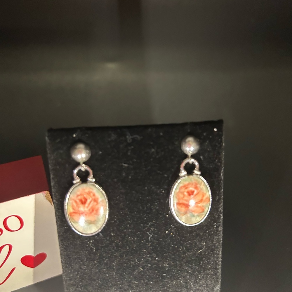 Sterling silver art nouveau post earrings with delicately painted rose.